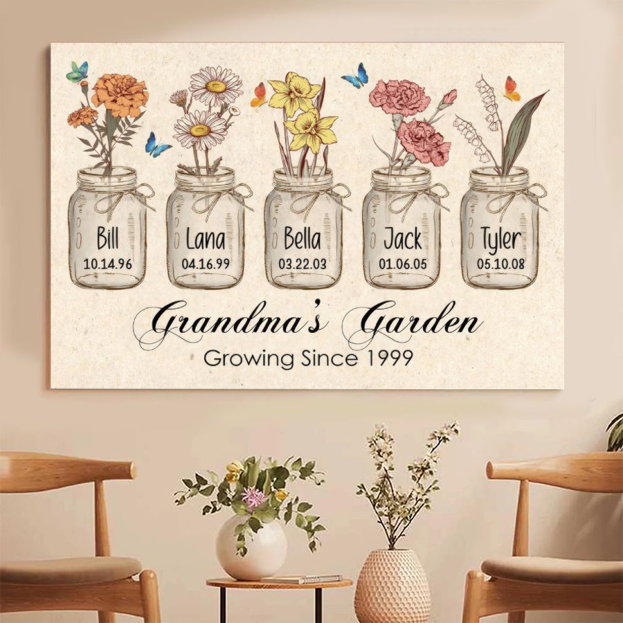 Personalized Grandma's Garden Canvas, Custom Birth Flower Names Gift for Grandma