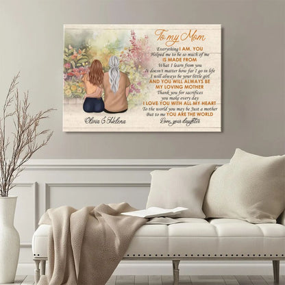 Personalized Mother & Daughter Canvas Print, To My Mom Floral Wall Art, Custom Names Gift for Mom