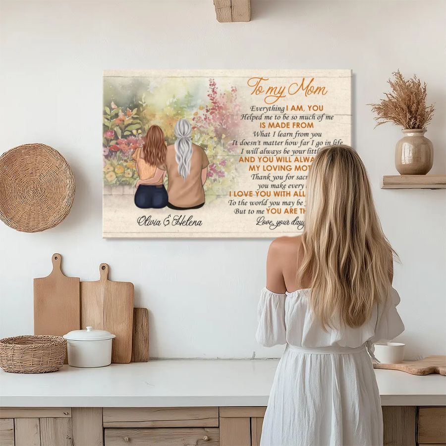 Personalized Mother & Daughter Canvas Print, To My Mom Floral Wall Art, Custom Names Gift for Mom