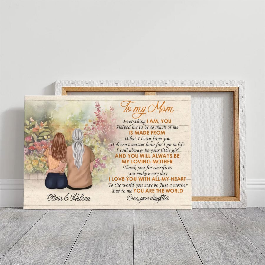 Personalized Mother & Daughter Canvas Print, To My Mom Floral Wall Art, Custom Names Gift for Mom