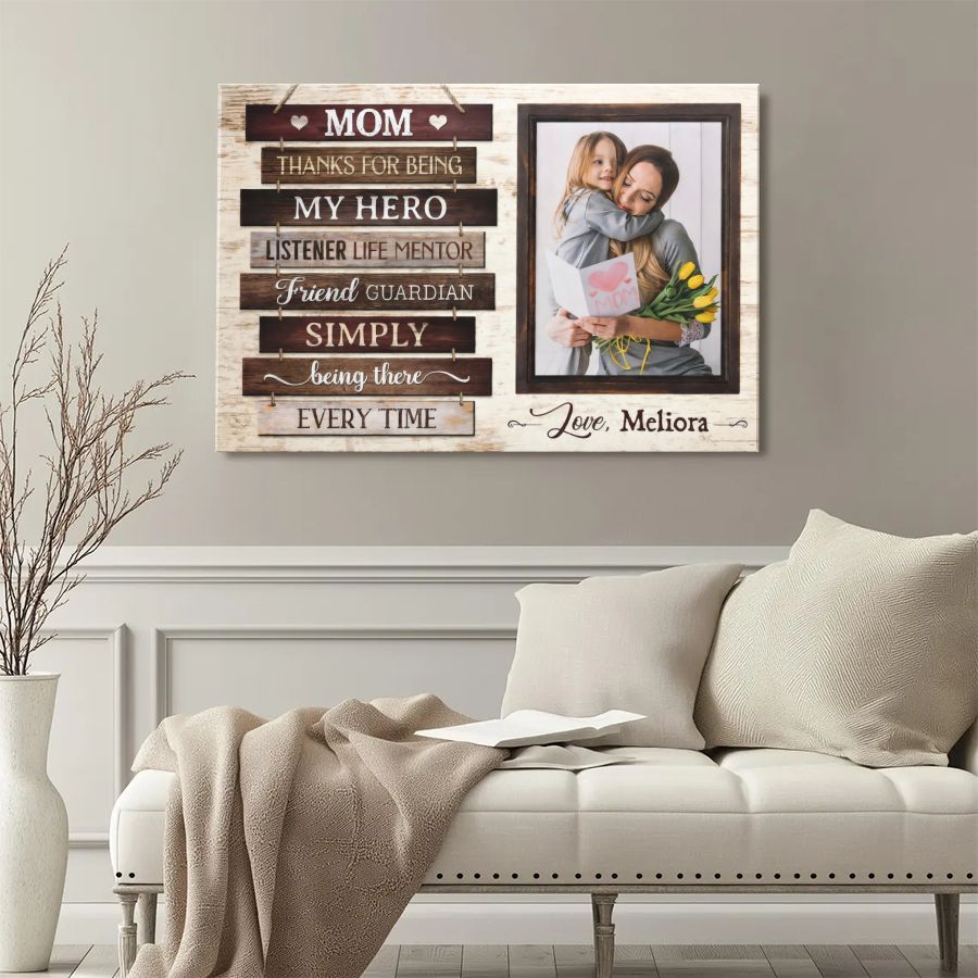 Personalized Mom Photo Canvas, "Thanks For Being My Hero" Custom Picture Wall Art Gift
