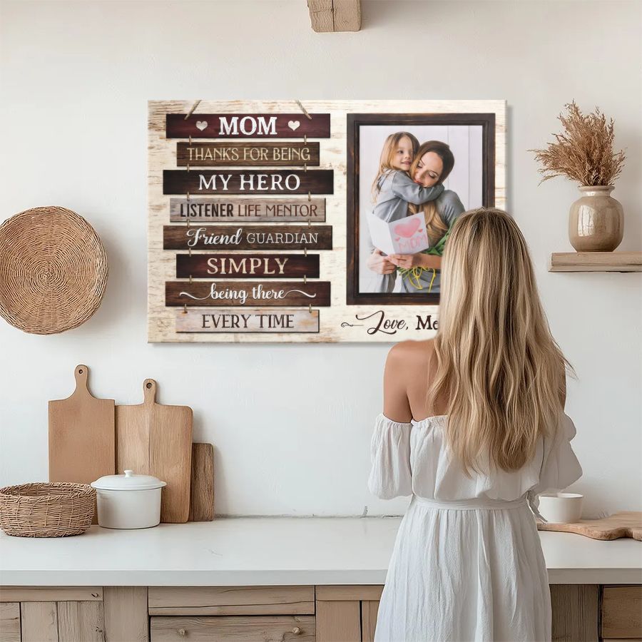 Personalized Mom Photo Canvas, "Thanks For Being My Hero" Custom Picture Wall Art Gift