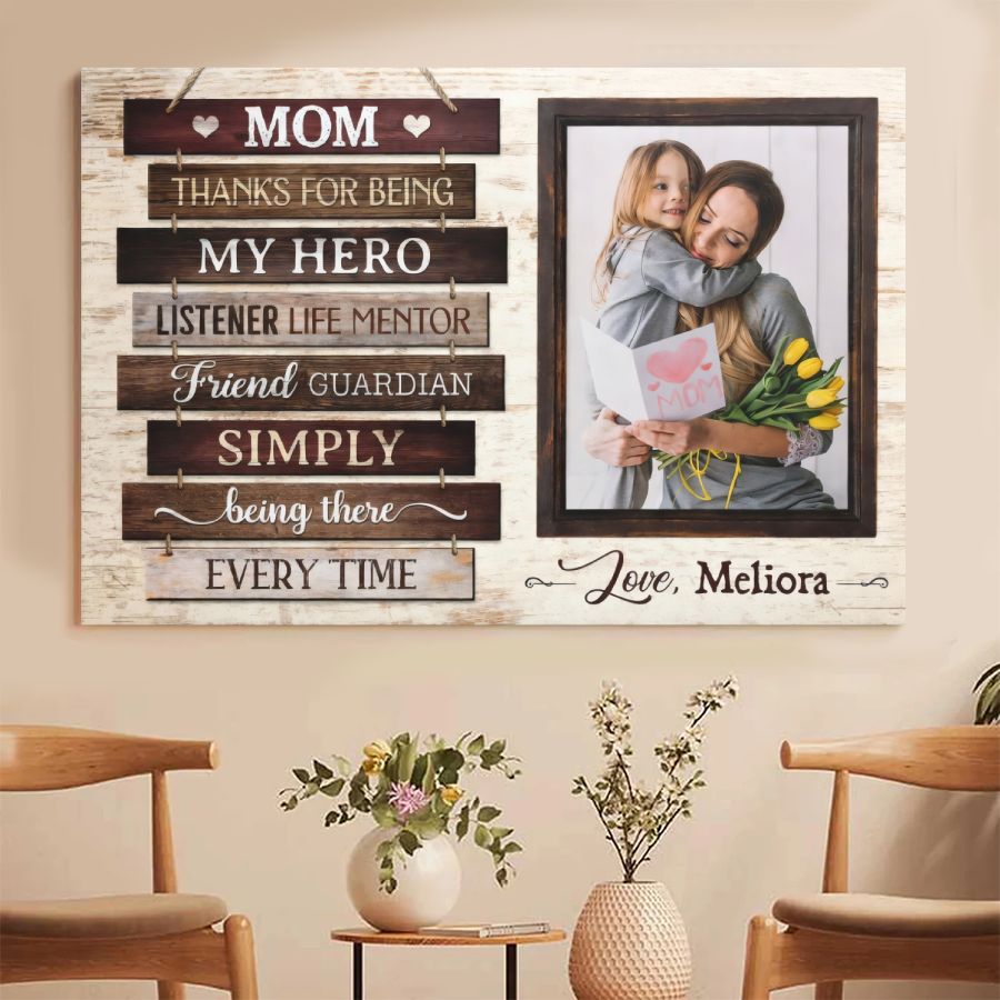 Personalized Mom Photo Canvas, "Thanks For Being My Hero" Custom Picture Wall Art Gift