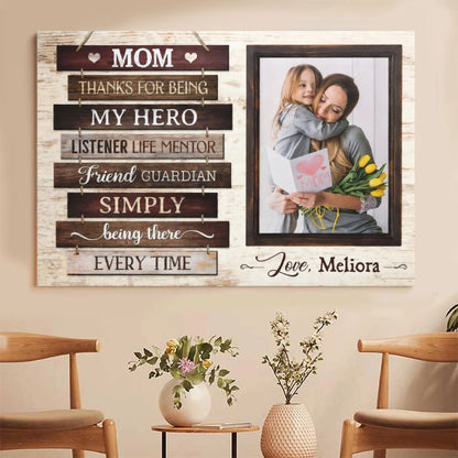 Personalized Mom Photo Canvas, "Thanks For Being My Hero" Custom Picture Wall Art Gift