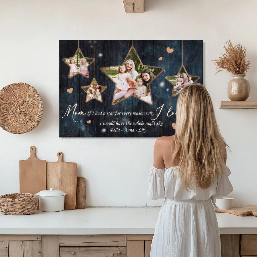 Personalized Night Sky Photo Canvas, Custom Star Map Mom Gift with Picture and Names