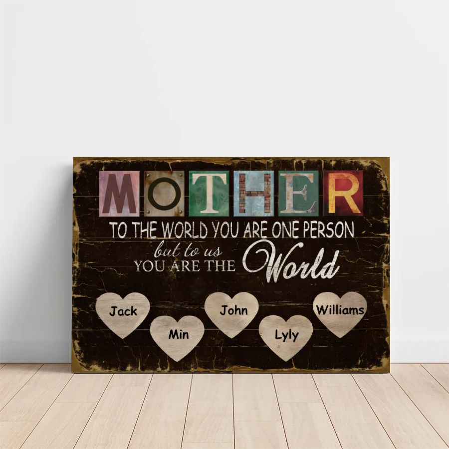 Personalized 'Mother To The World' Rustic Wooden Style Canvas With Kids Names