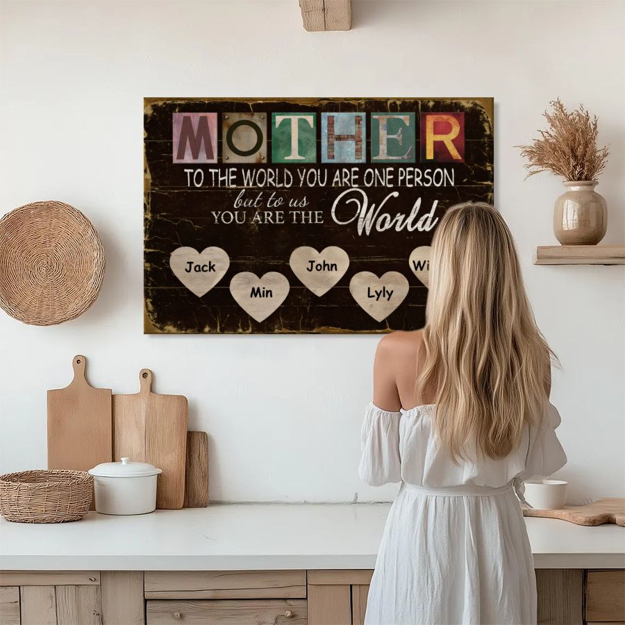 Personalized 'Mother To The World' Rustic Wooden Style Canvas With Kids Names