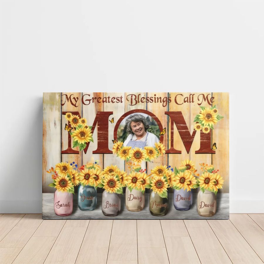 Personalized Mom Sunflower Canvas Sign, Custom Mother's Day Gift with Photo and Names