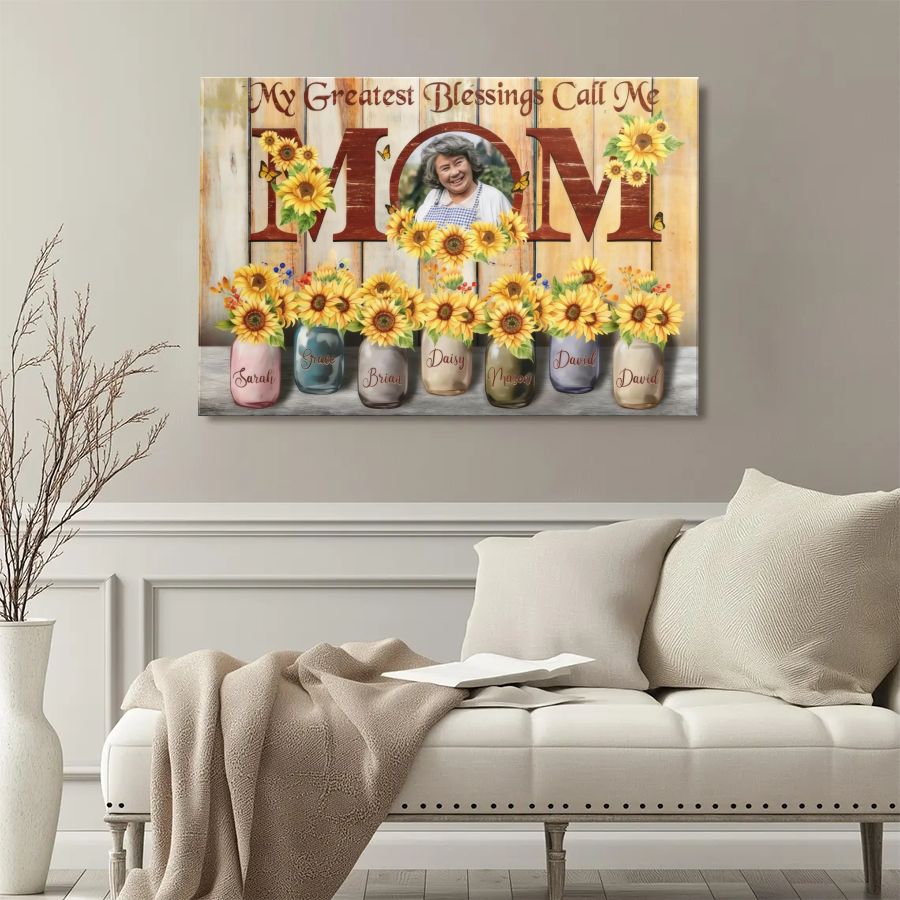 Personalized Mom Sunflower Canvas Sign, Custom Mother's Day Gift with Photo and Names