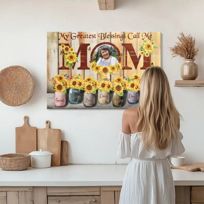 Personalized Mom Sunflower Canvas Sign, Custom Mother's Day Gift with Photo and Names