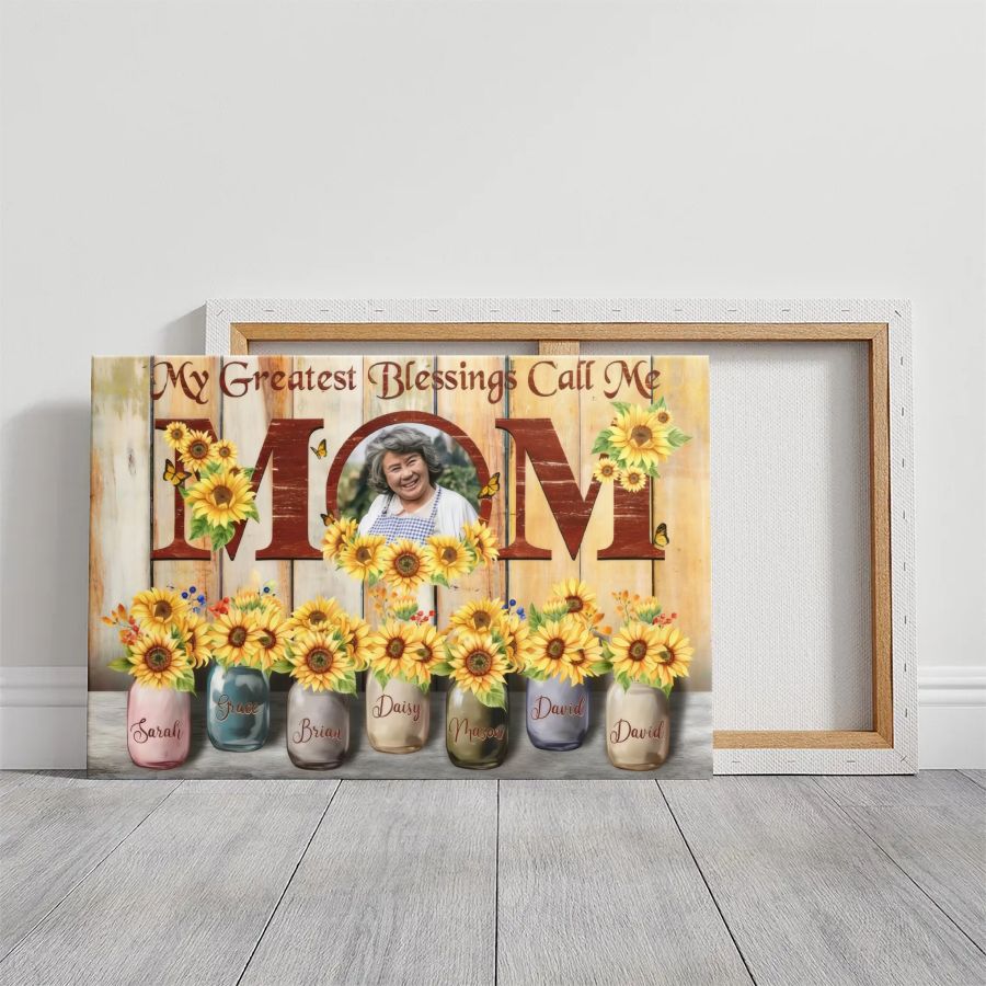 Personalized Mom Sunflower Canvas Sign, Custom Mother's Day Gift with Photo and Names