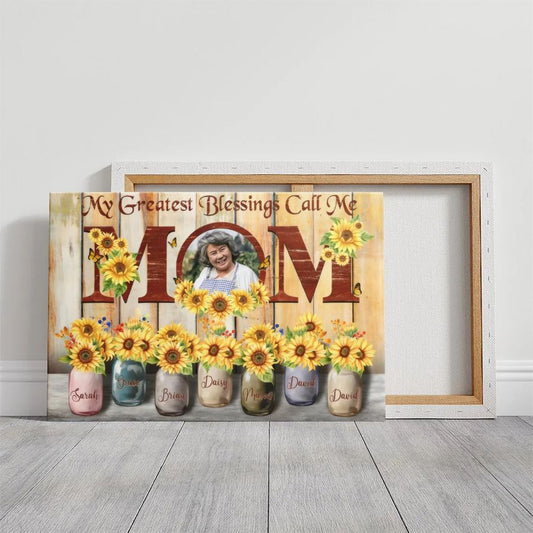 Personalized Mom Sunflower Canvas Sign, Custom Mother's Day Gift with Photo and Names