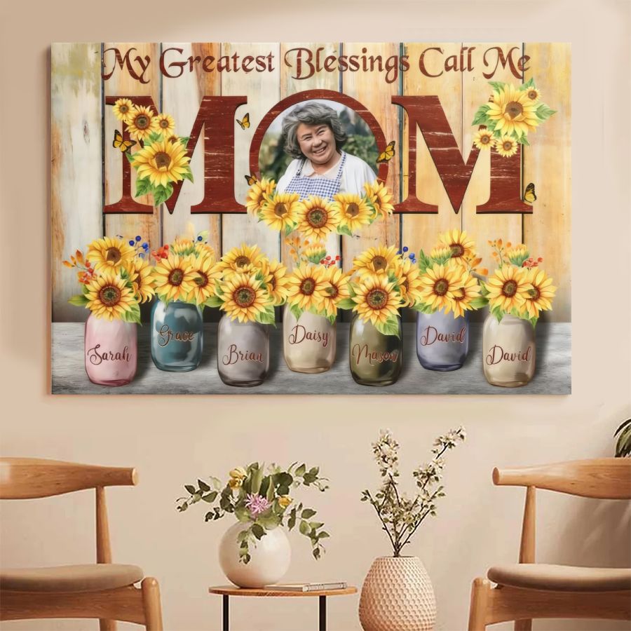 Personalized Mom Sunflower Canvas Sign, Custom Mother's Day Gift with Photo and Names