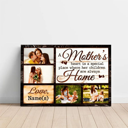 Personalized Mother's Heart Home Canvas Sign with Photos and Custom Name