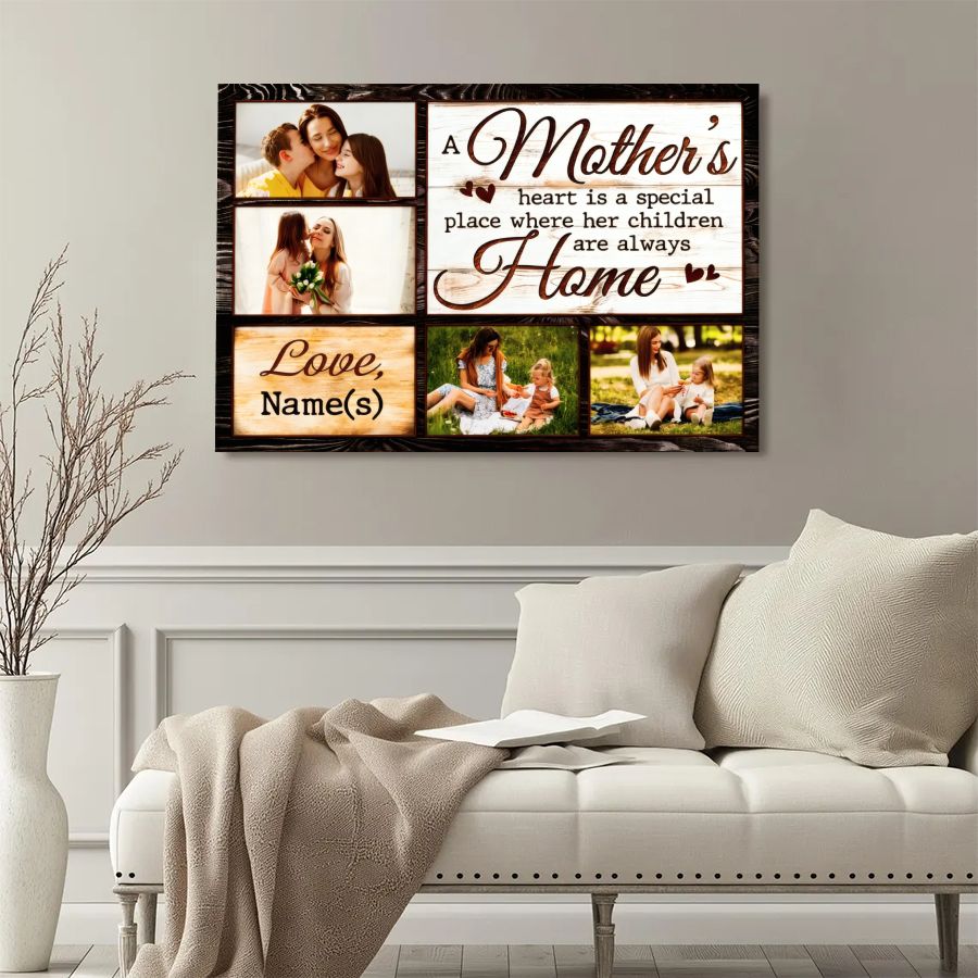 Personalized Mother's Heart Home Canvas Sign with Photos and Custom Name