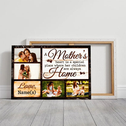 Personalized Mother's Heart Home Canvas Sign with Photos and Custom Name