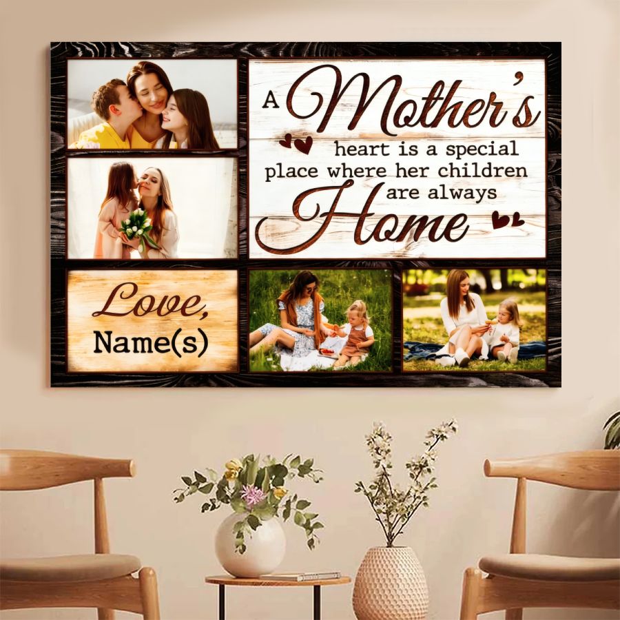 Personalized Mother's Heart Home Canvas Sign with Photos and Custom Name