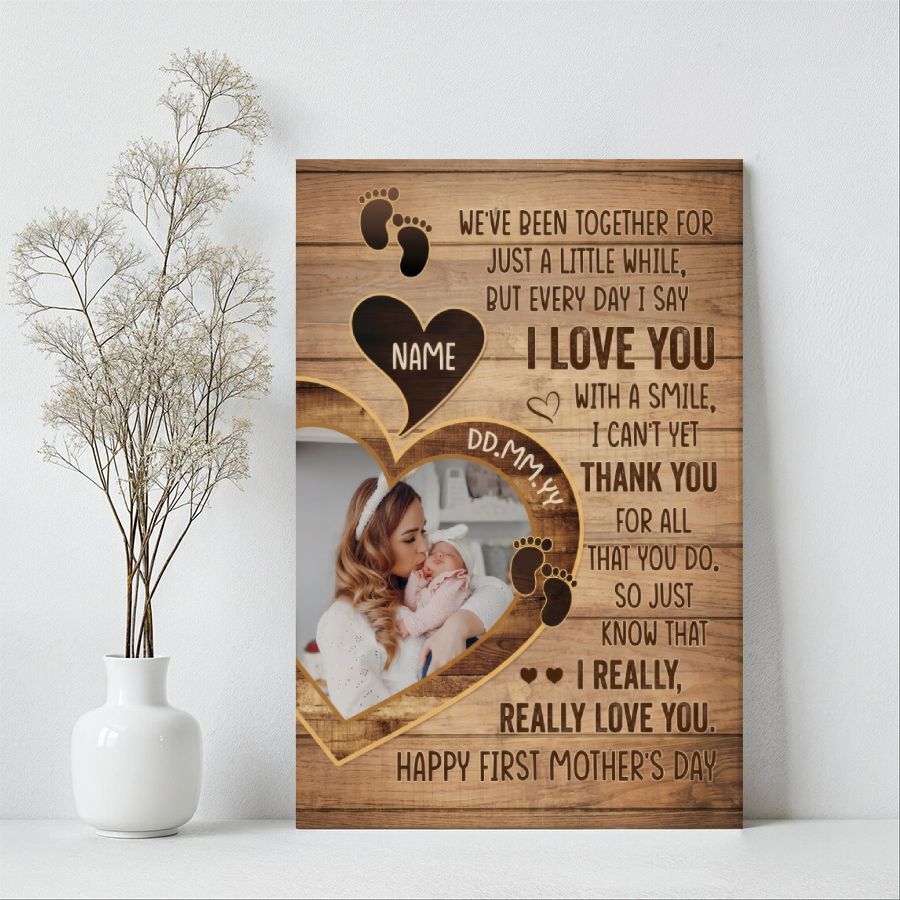 Custom First Mother's Day Canvas, Personalized Baby Photo & Name Gift for Mom