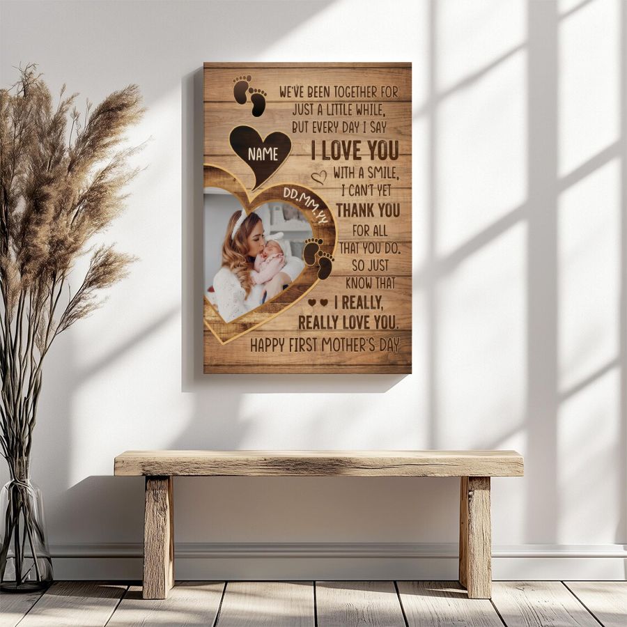 Custom First Mother's Day Canvas, Personalized Baby Photo & Name Gift for Mom