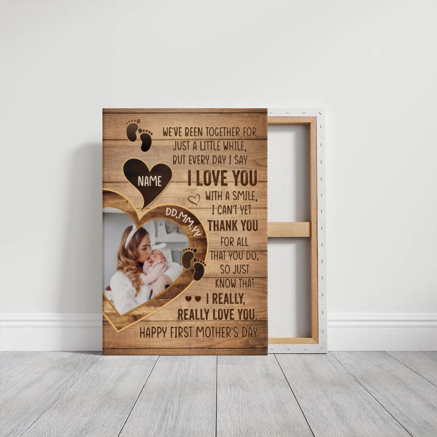 Custom First Mother's Day Canvas, Personalized Baby Photo & Name Gift for Mom