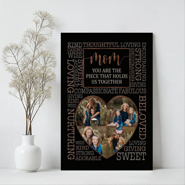 Personalized Mom Heart Puzzle Photo Canvas, Custom 4 Photo Collage Mother's Day Gift