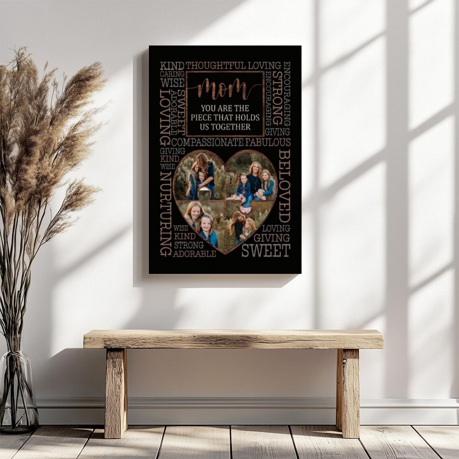 Personalized Mom Heart Puzzle Photo Canvas, Custom 4 Photo Collage Mother's Day Gift