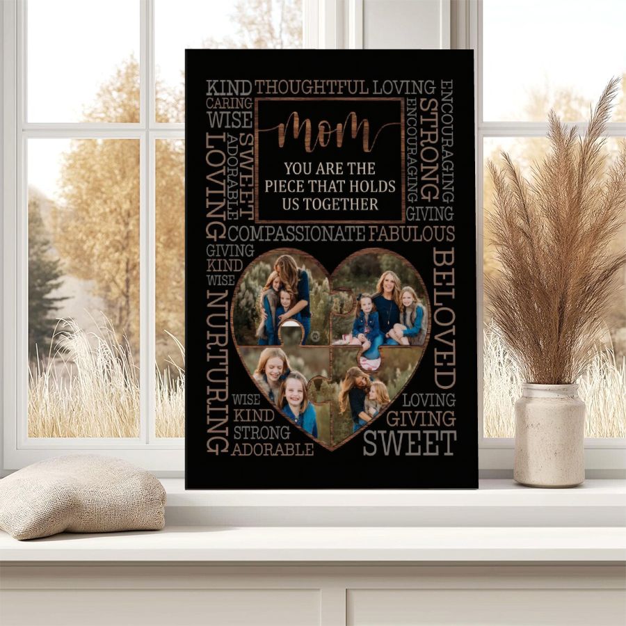 Personalized Mom Heart Puzzle Photo Canvas, Custom 4 Photo Collage Mother's Day Gift
