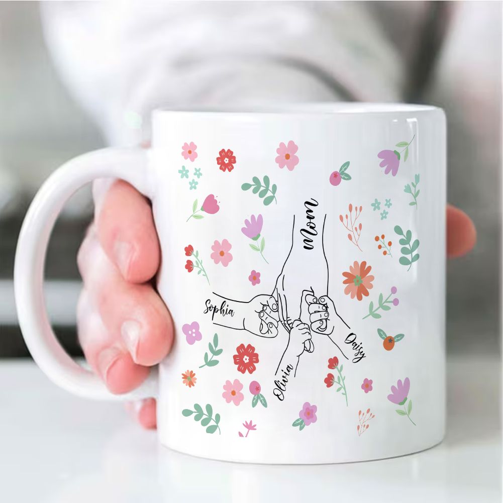 Personalized Mom and Kids Hand Holding Name Mug Mother's Day Gift - 11oz