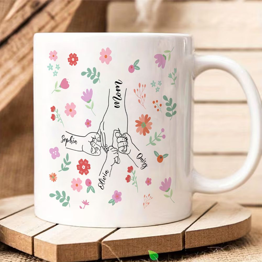 Personalized Mom and Kids Hand Holding Name Mug Mother's Day Gift - 11oz