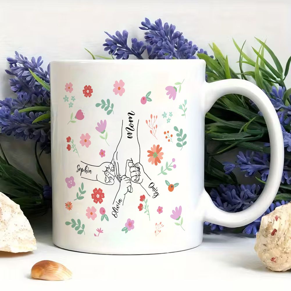 Personalized Mom and Kids Hand Holding Name Mug Mother's Day Gift - 11oz