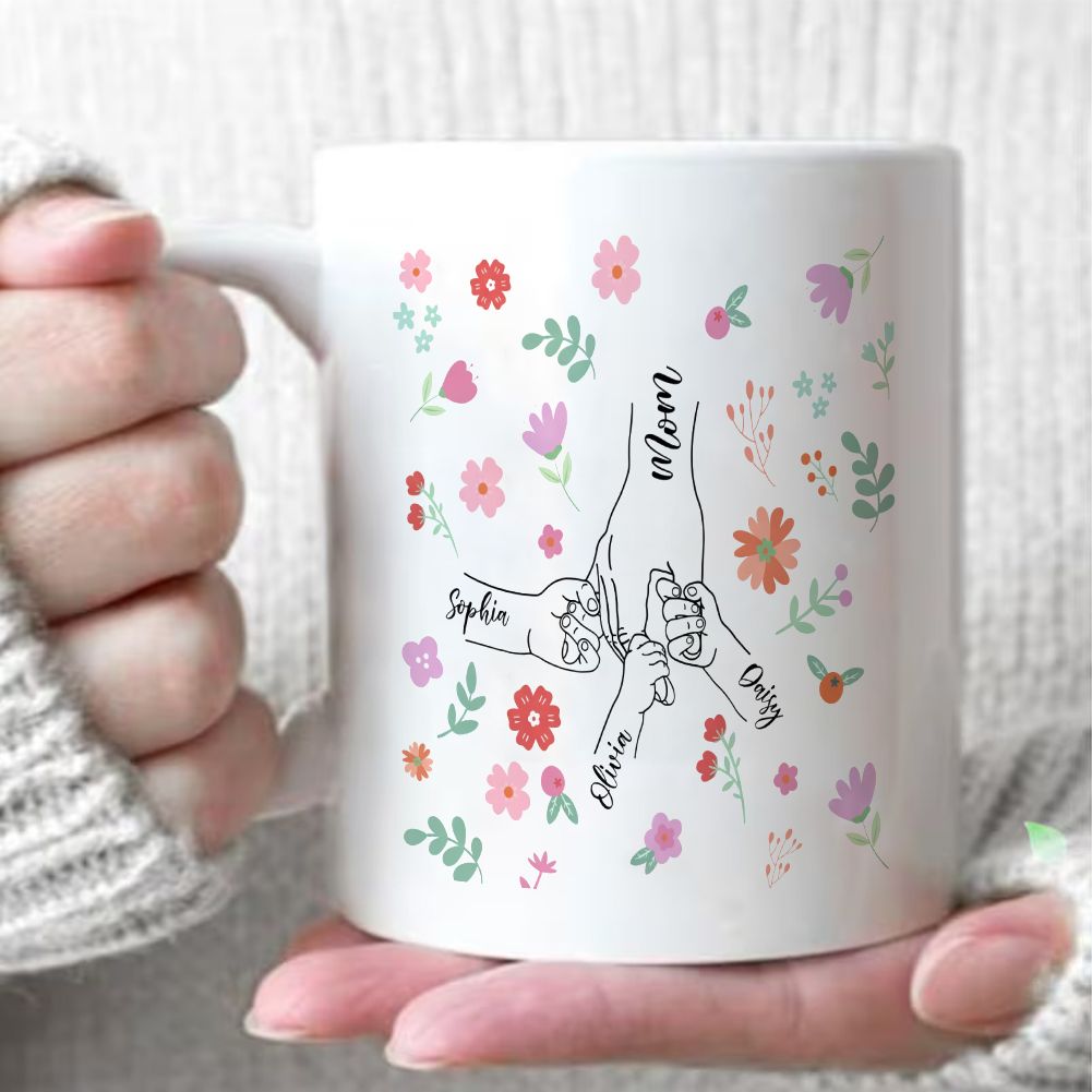 Personalized Mom and Kids Hand Holding Name Mug Mother's Day Gift - 11oz