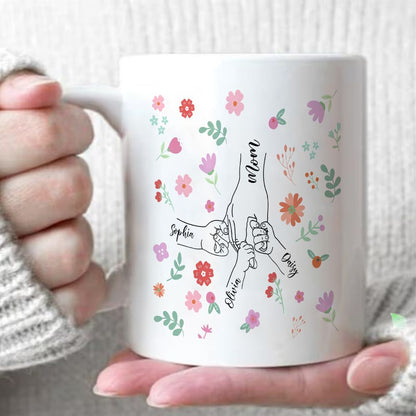 Personalized Mom and Kids Hand Holding Name Mug Mother's Day Gift - 11oz