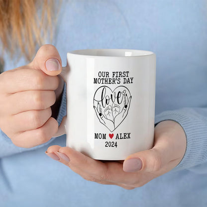 Our First Mother's Day Mom Holding Baby Feet Custom Name & Date Mug - 11oz