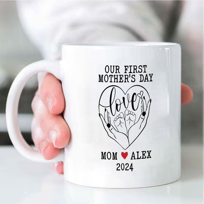 Our First Mother's Day Mom Holding Baby Feet Custom Name & Date Mug - 11oz