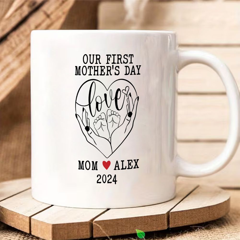Our First Mother's Day Mom Holding Baby Feet Custom Name & Date Mug - 11oz