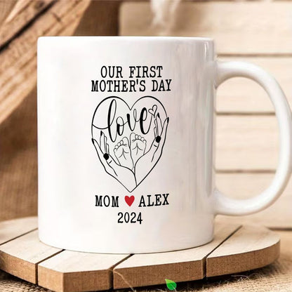 Our First Mother's Day Mom Holding Baby Feet Custom Name & Date Mug - 11oz