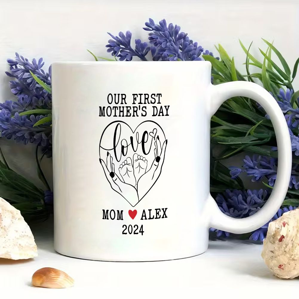 Our First Mother's Day Mom Holding Baby Feet Custom Name & Date Mug - 11oz