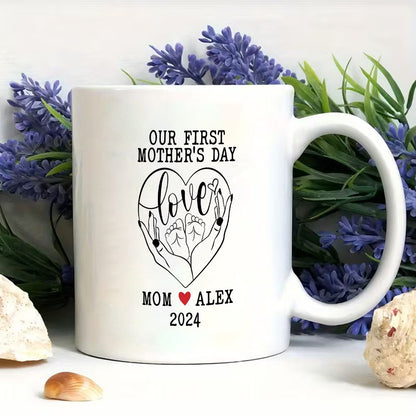 Our First Mother's Day Mom Holding Baby Feet Custom Name & Date Mug - 11oz