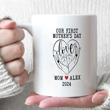 Our First Mother's Day Mom Holding Baby Feet Custom Name & Date Mug - 11oz