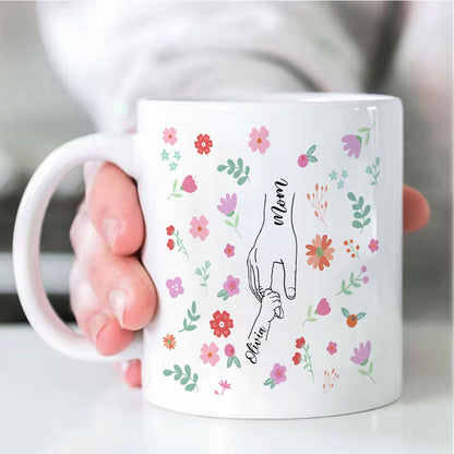 Personalized Mommy & Baby Hand Line Art Custom Name Mug - 11oz