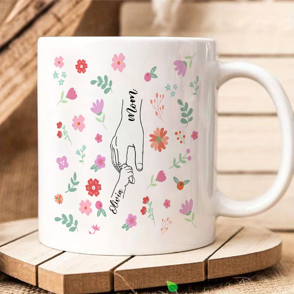 Personalized Mommy & Baby Hand Line Art Custom Name Mug - 11oz