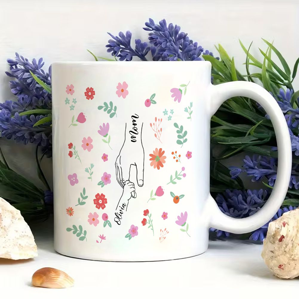 Personalized Mommy & Baby Hand Line Art Custom Name Mug - 11oz
