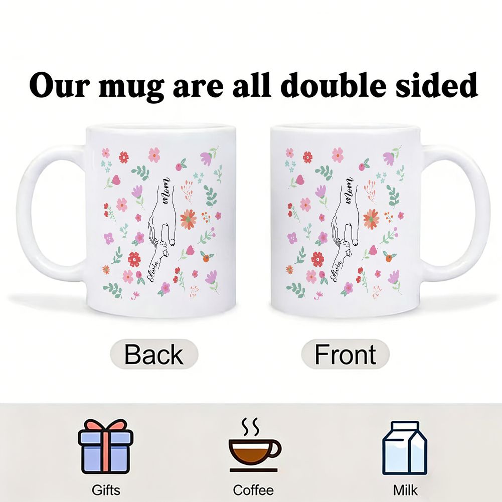 Personalized Mommy & Baby Hand Line Art Custom Name Mug - 11oz