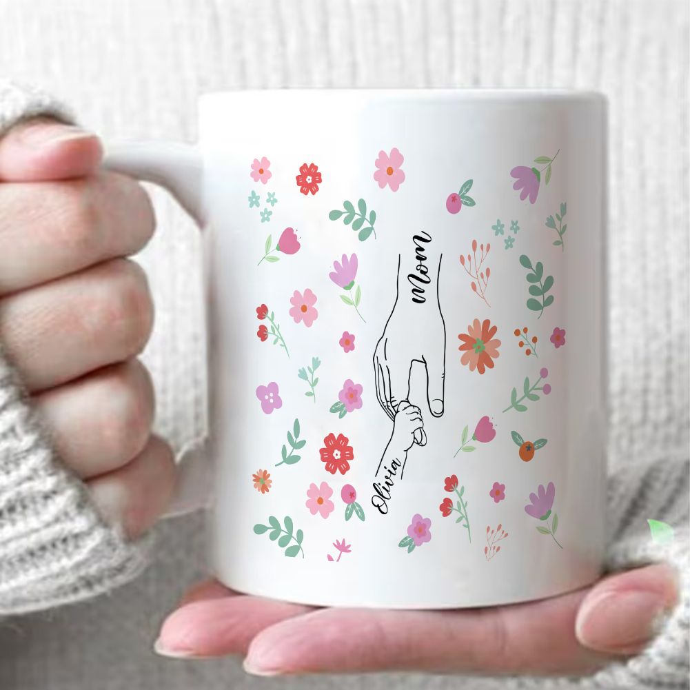 Personalized Mommy & Baby Hand Line Art Custom Name Mug - 11oz