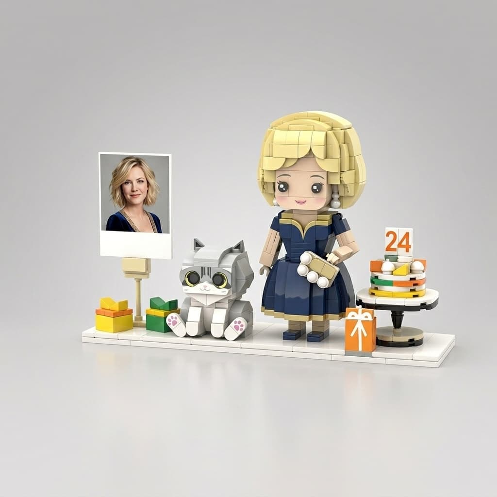 Custom Birthday Brick Figure with Pet, Personalized Building Block Gift Set for Cat Lovers