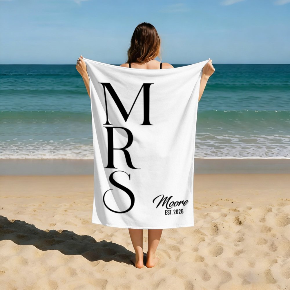 Personalized Monogram Beach Towel with Family Name & Established Year Custom Black Beach Towel