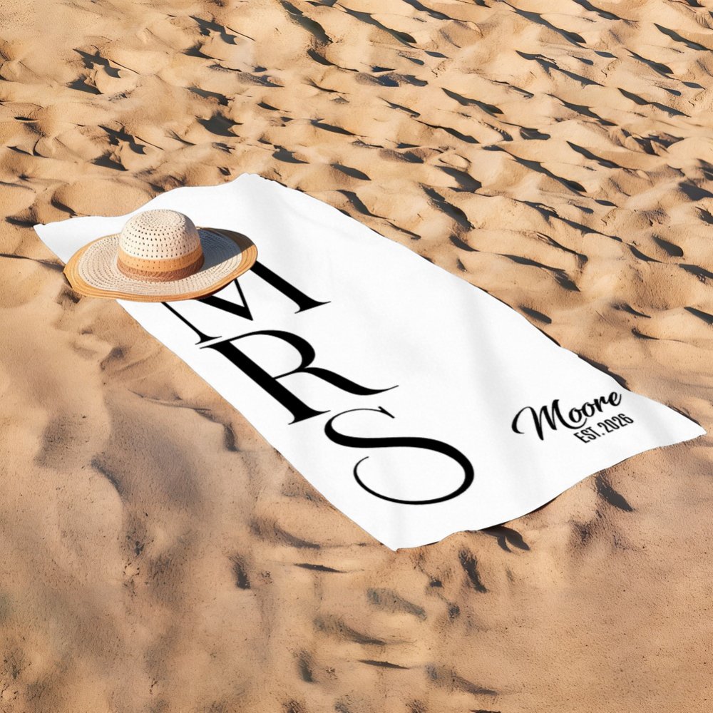 Personalized Monogram Beach Towel with Family Name & Established Year Custom Black Beach Towel