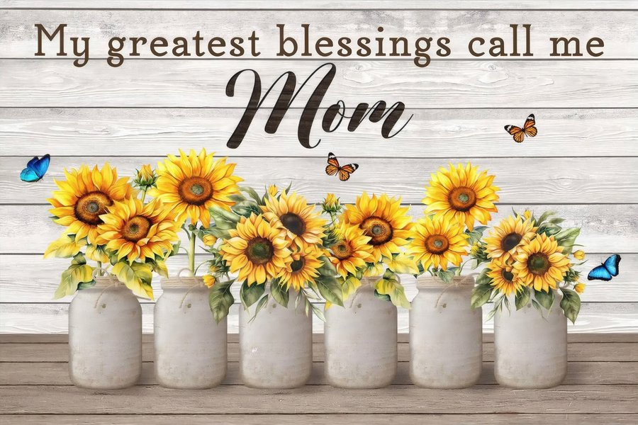 Personalized Mom Sunflower Canvas Print, Custom Kids Names Mason Jar Gift for Mother's Day