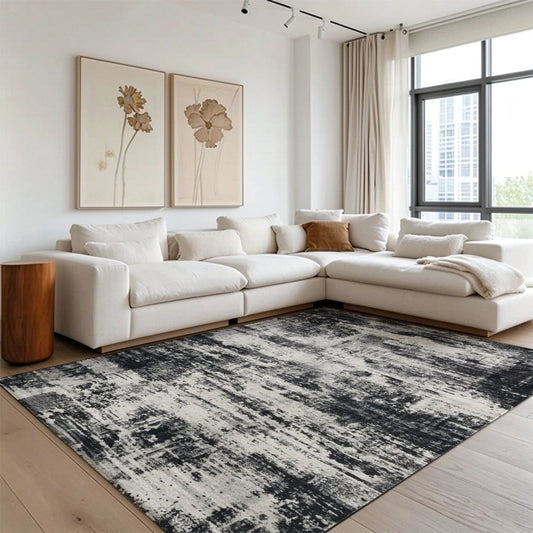 Black White Abstract Washable Area Rug, Distressed Modern Non Slip Low Pile Rug for Living Room