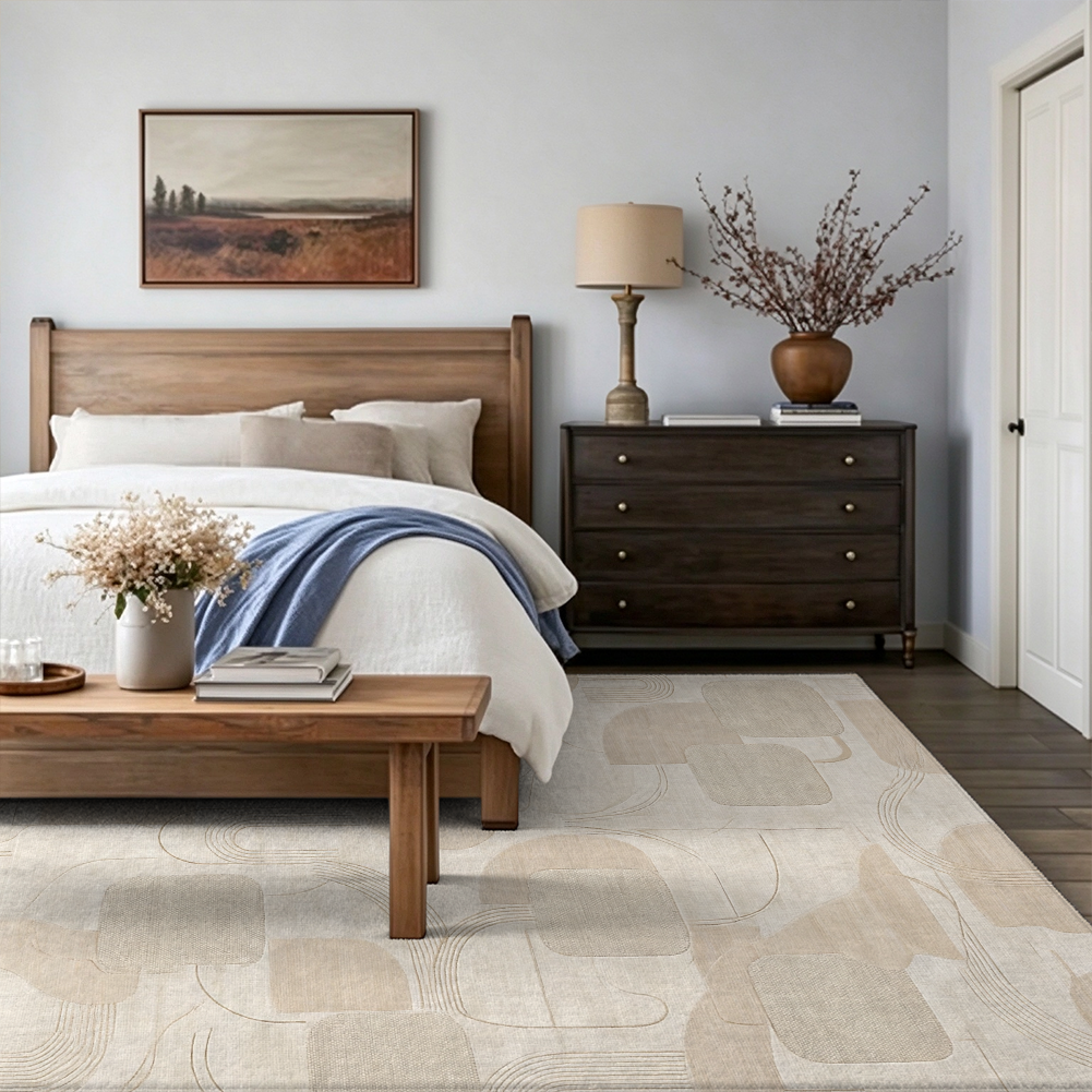 Ivory Geometric Washable Area Rug, Cream Modern Minimalist Non Slip Rug for Bedroom